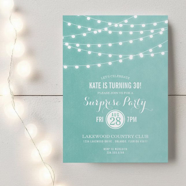 Aqua String Lights Surprise Party Invitation (Creator Uploaded)