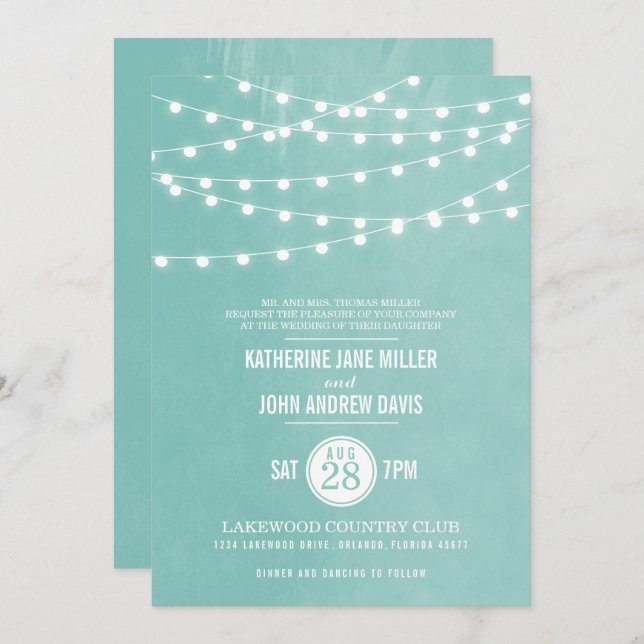 Aqua String Lights Wedding Invitation (Front/Back)