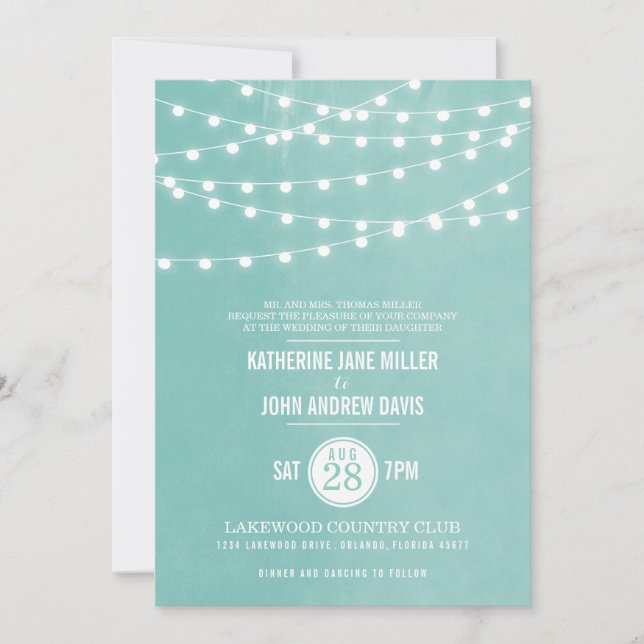 Aqua String Lights Wedding Invitation (Front)
