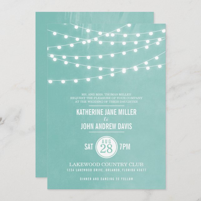 Aqua String Lights Wedding Invitation (Front/Back)
