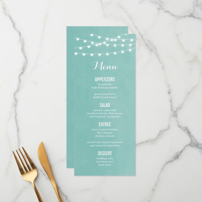 Aqua String Lights Wedding Menu Card (Front/Back In Situ)