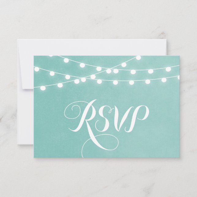 Aqua String Lights Wedding RSVP Card (Front)