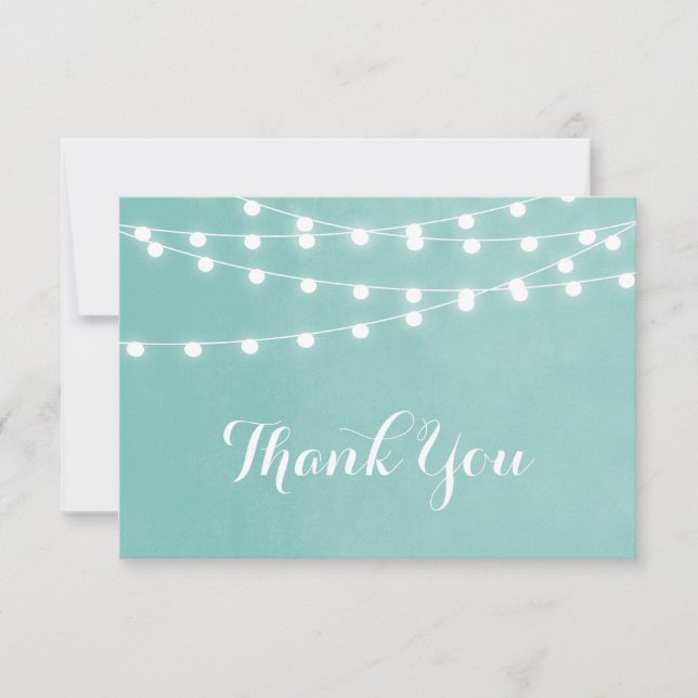 Aqua String Lights Wedding Thank You Card (Front)