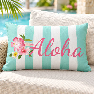 Aqua Stripe Aloha Hibiscus Tropical Lumbar Pillow