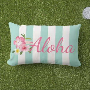 Aqua Stripe Aloha Hibiscus Tropical Lumbar Pillow