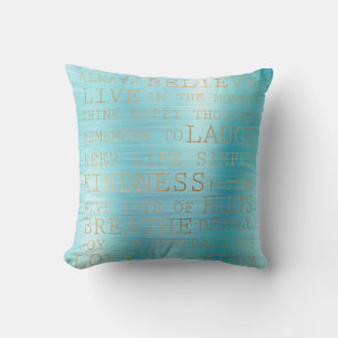 Aqua Stripe Inspirational Gold Quotes Throw Pillow