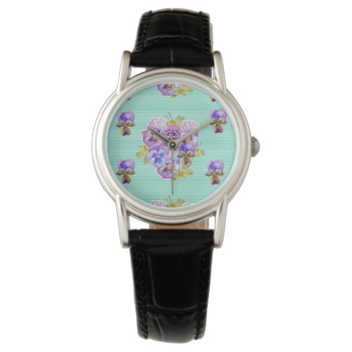 Aqua Stripe Shabby Pansy floral flowers Watch