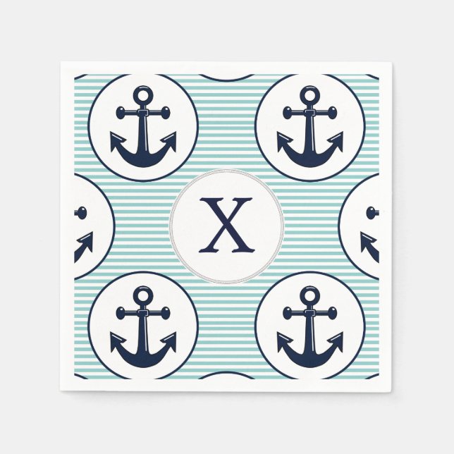 aqua stripes , blue anchor nautical pattern paper napkins (Front)