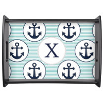 aqua stripes , blue anchor nautical pattern serving tray