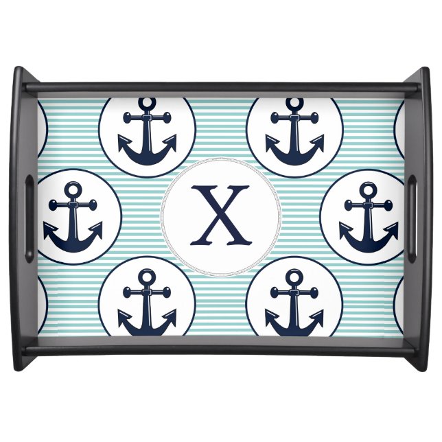 aqua stripes , blue anchor nautical pattern serving tray (Front)