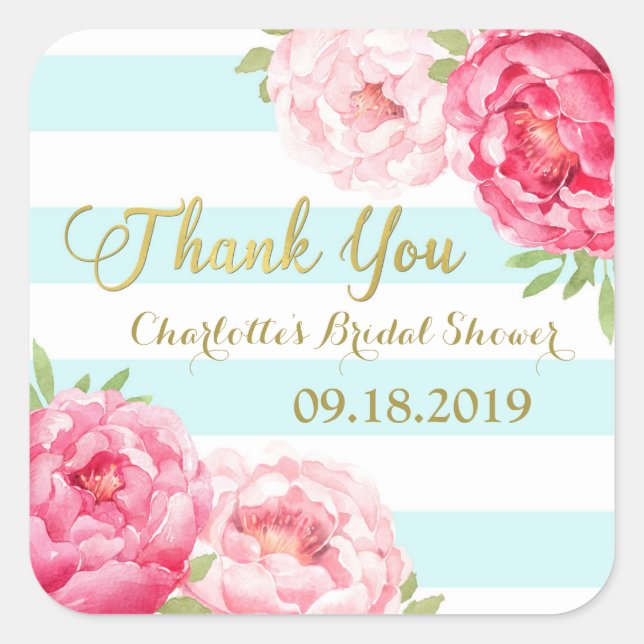 Aqua Stripes Gold Pink Floral Bridal Shower Square Sticker (Front)