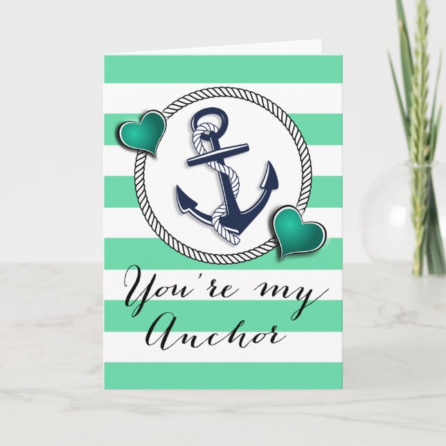 Aqua Stripes Nautical Anchor Valentine Holiday Card (Front)