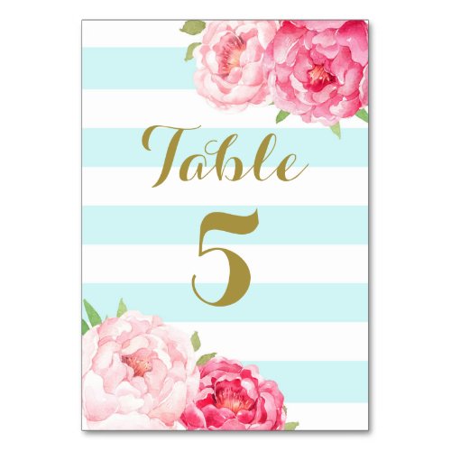 Aqua Stripes Pink Floral Wedding Table Number Card