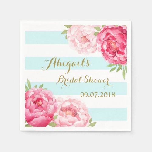 Aqua Stripes Pink Watercolor Bridal Shower Napkins