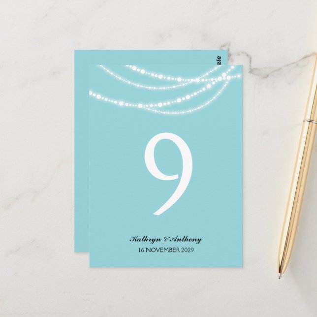 Aqua Stylish Sparkling Lights Wedding Table Number (Front/Back In Situ)