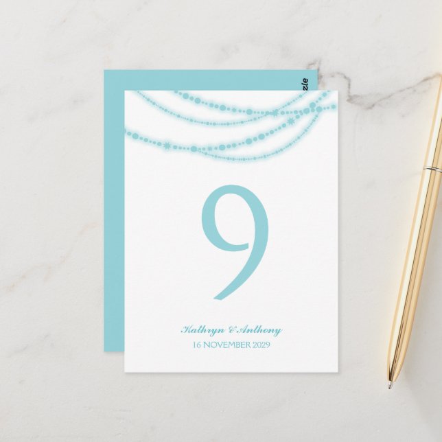 Aqua Stylish Sparkling Lights Wedding Table Number (Front/Back In Situ)