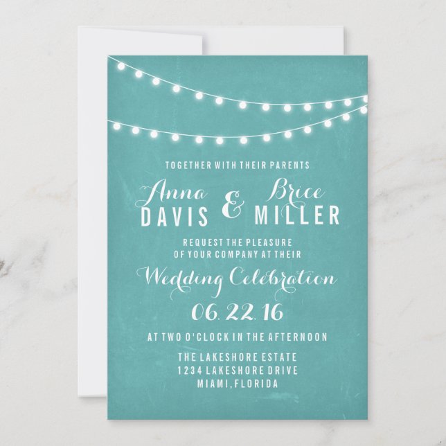 Aqua Summer String Light Wedding Invites (Front)