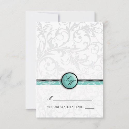 Aqua Swirl Monogram Folding Tent  Place Card Invitation