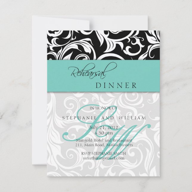 Aqua Swirl Monogram Rehearsal Dinner Card (Front)