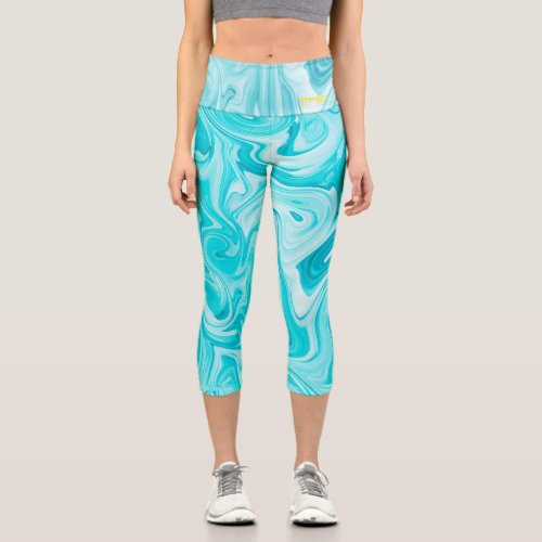 Aqua Swirls INITIALS Ocean Water Beach Fun Capri Leggings