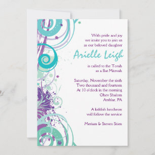 AQUA SWIRLS & STARS Bat Mitzvah Invitation