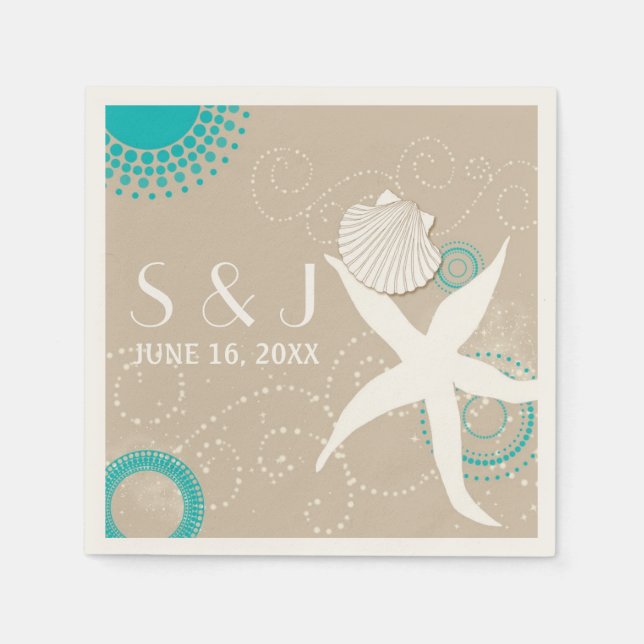 Aqua Tan White Beach Wedding Paper Napkins (Front)