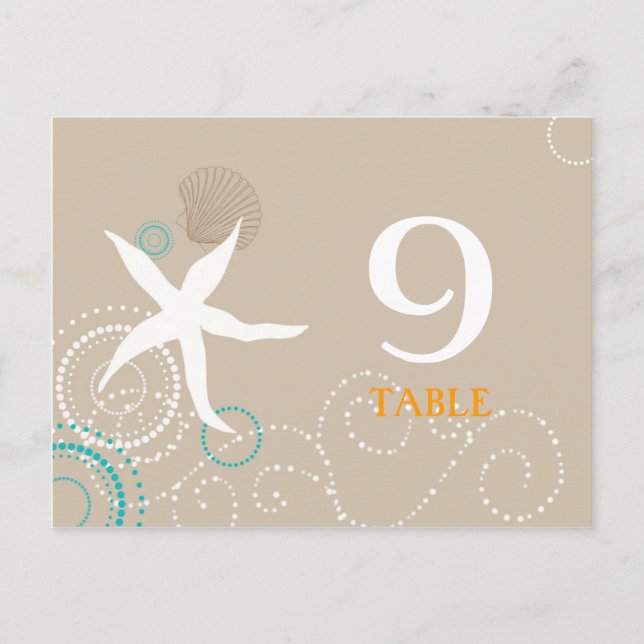 Aqua Tan White Beach Wedding Table Numbers (Front)