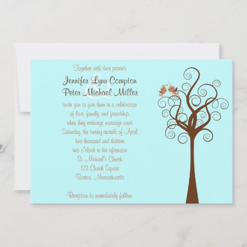 Aqua, Taupe, Brown Lovebirds Wedding Invitation
