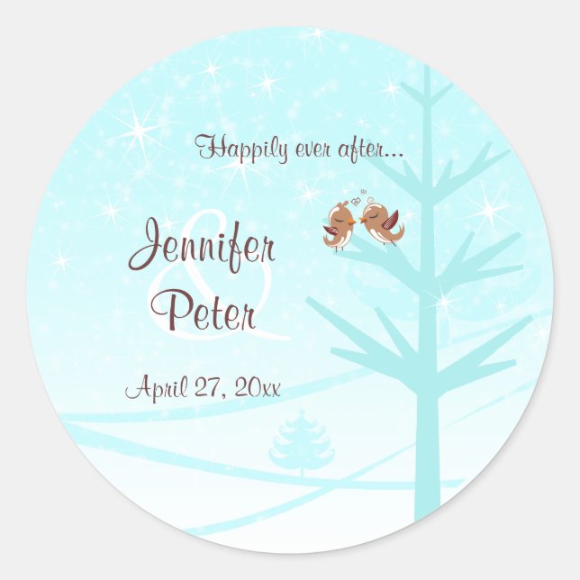 Aqua, Taupe, Brown Lovebirds Wedding Plate Classic Round Sticker (Front)