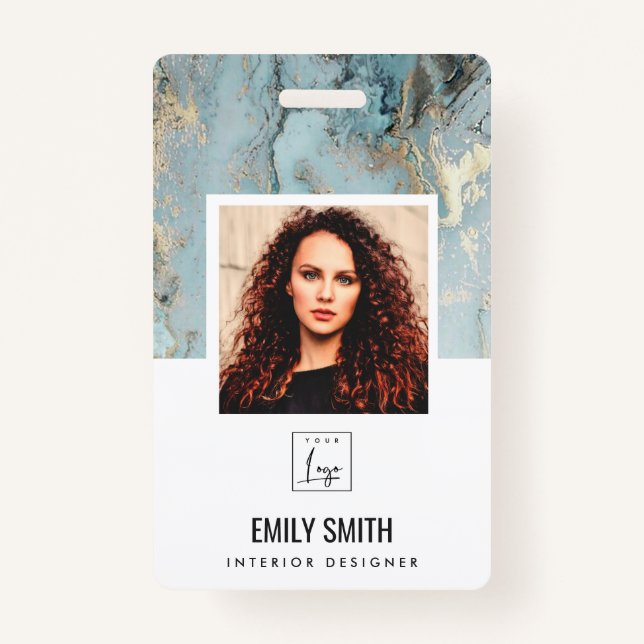 AQUA TEAL AGATE EMPLOYEE PHOTO BAR CODE NAME BADGE (Front)