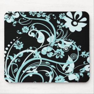 Aqua Teal and Black Floral Swirls Gifts for Girls Mouse Pad