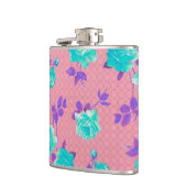 Aqua Teal and pink Floral Print Hip Flask (Left)