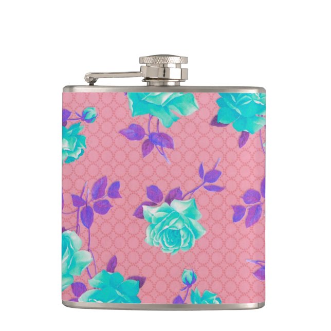 Aqua Teal and pink Floral Print Hip Flask (Front)