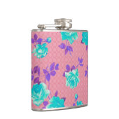 Aqua Teal and pink Floral Print Hip Flask (Right)