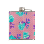 Aqua Teal and pink Floral Print Hip Flask (Back)