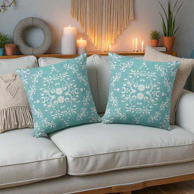 Aqua Teal and White Floral Damask Throw Pillow (Creator Uploaded)