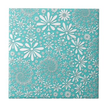 Aqua Teal And White Spring Flowers Pattern Ceramic Tile by MHDesignStudio at Zazzle