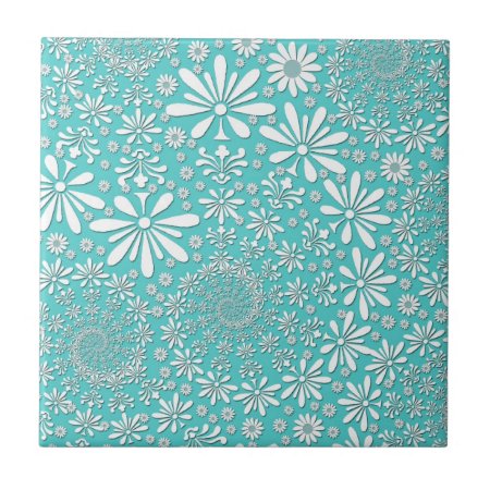 Aqua Teal And White Spring Flowers Pattern Ceramic Tile