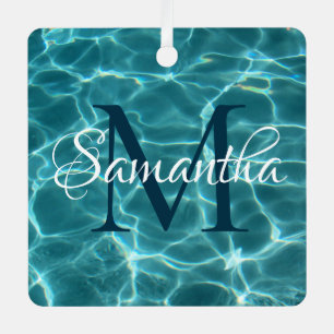 Aqua Teal and White Swimming Pool Photo Monogram Metal Ornament