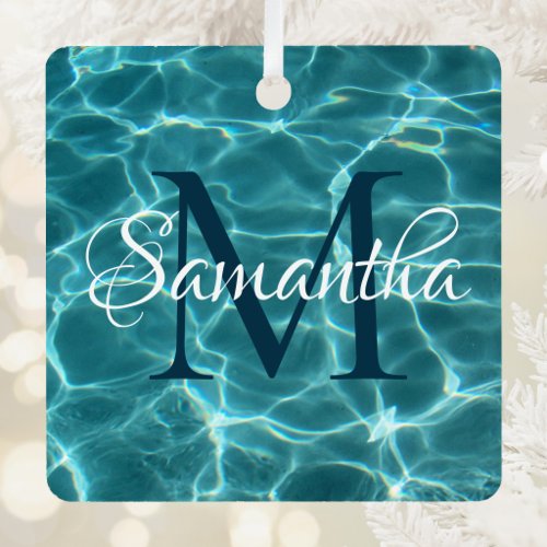 Aqua Teal and White Swimming Pool Photo Monogram Metal Ornament