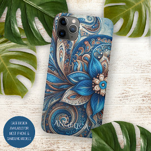Aqua Teal Azure Blue Beige Paisley Art Pattern iPhone 11Pro Max Case