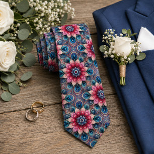 Aqua Teal Azure Blue Beige Paisley Art Pattern Neck Tie