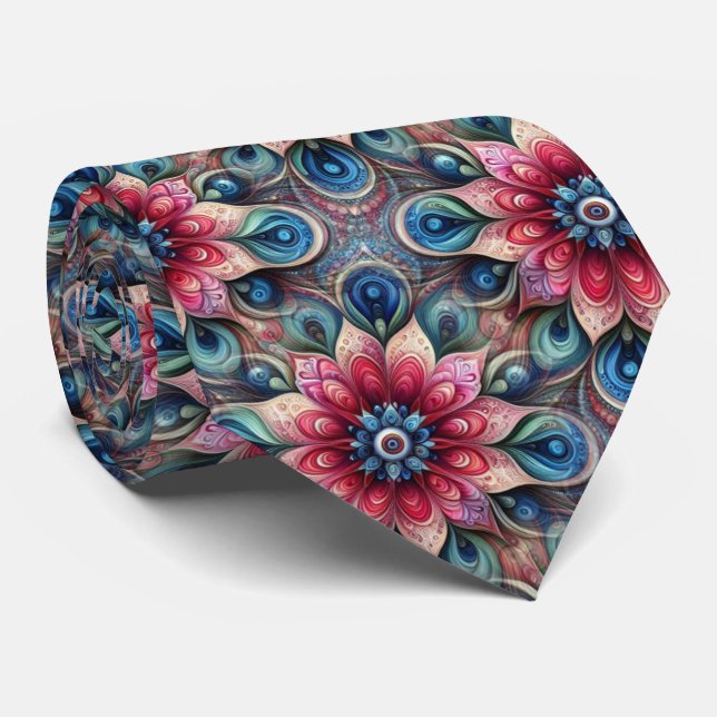 Aqua Teal Azure Blue Beige Paisley Art Pattern Neck Tie (Rolled)