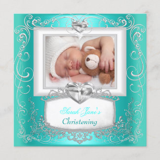 Aqua Teal Baby Girl Boy Christening Baptism Cross Announcement