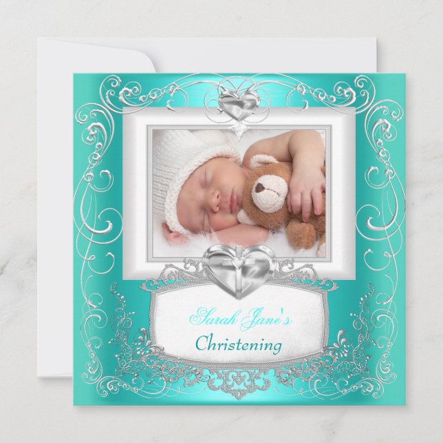 Aqua Teal Baby Girl Boy Christening Baptism Cross Invitation (Front)