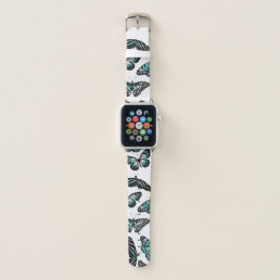 Aqua Teal Black Butterflies Watercolor Pattern Apple Watch Band