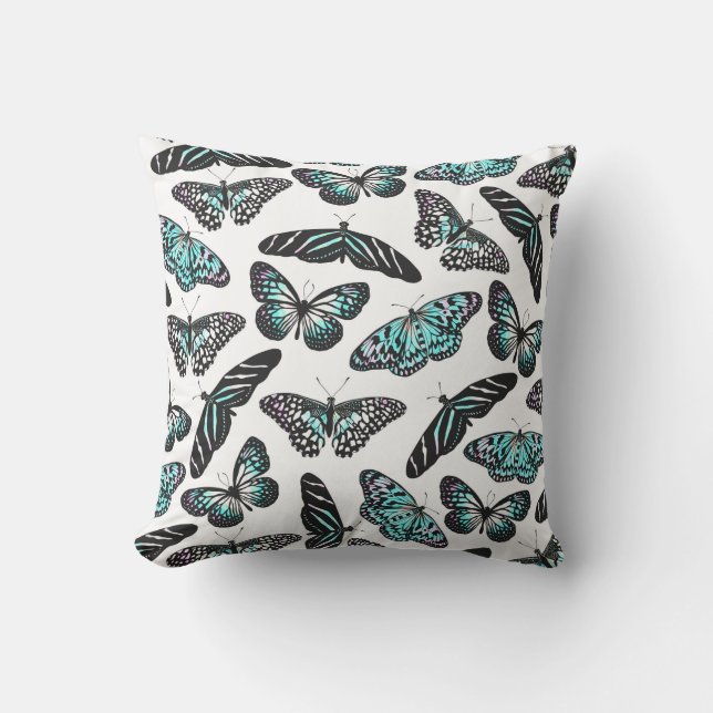 Aqua Teal Black Butterflies Watercolor Pattern Outdoor Pillow (Front)