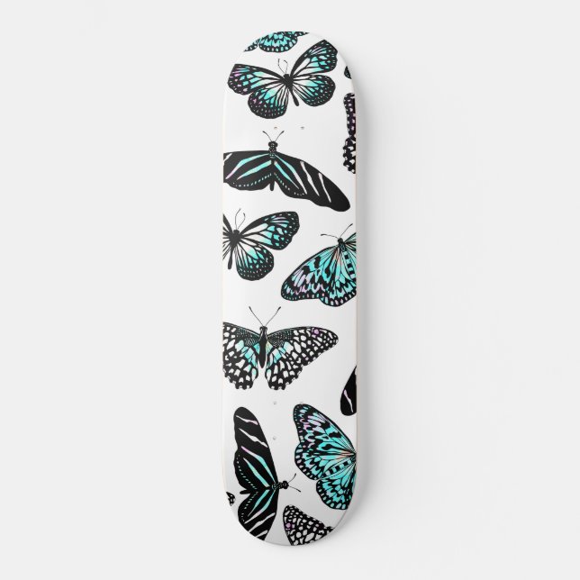 Aqua Teal Black Butterflies Watercolor Pattern Skateboard (Front)