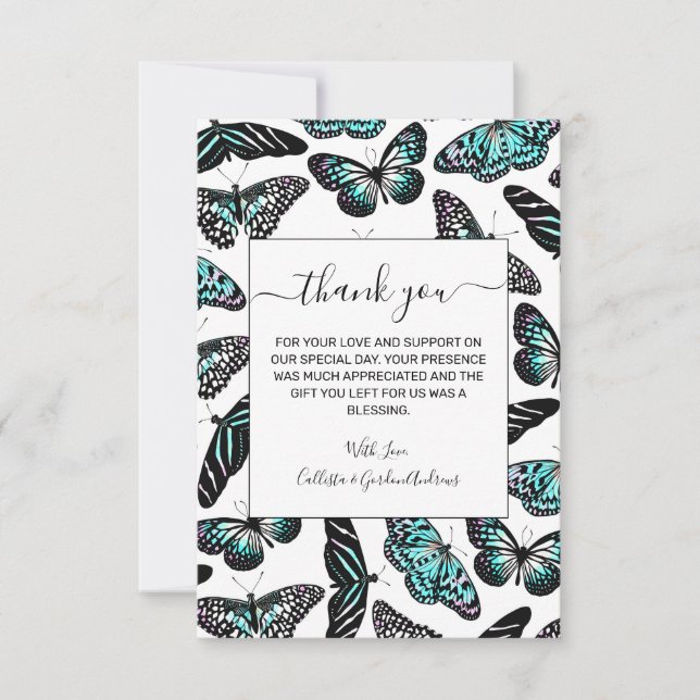 Aqua Teal Black Butterflies Watercolor Pattern Thank You Card (Front)