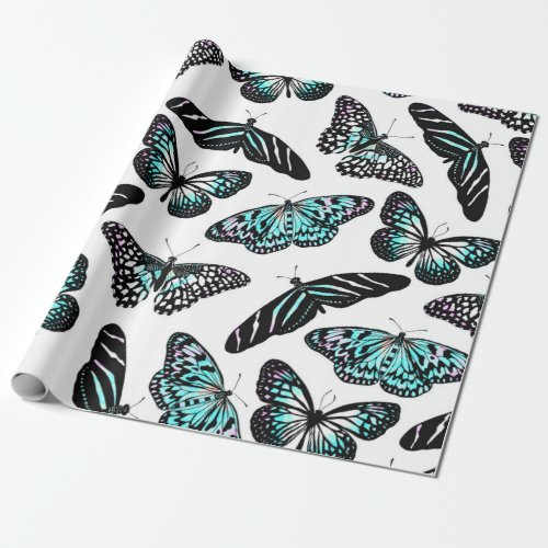 Aqua Teal Black Butterflies Watercolor Pattern Wrapping Paper